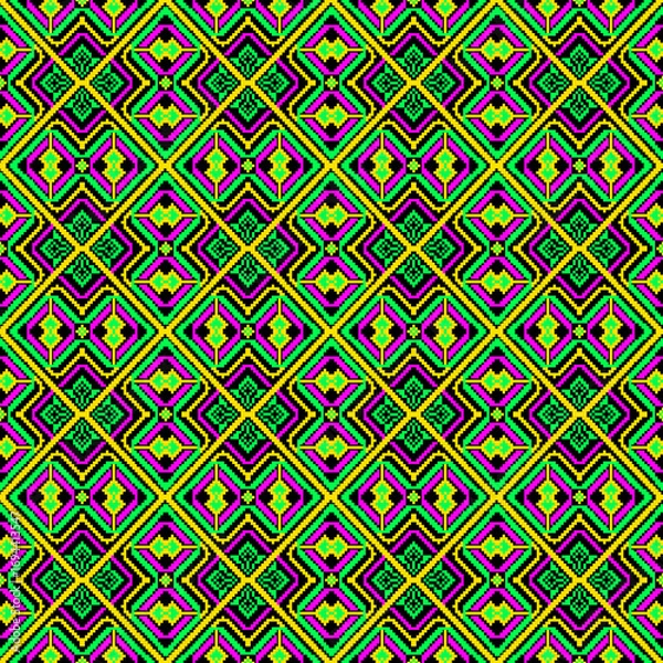 Obraz seamless geometric pattern
The design blends traditional folk art with modern digital aesthetics, using bold colors such as green, pink, yellow, and black. Ideal for textile design, wallpaper, fashion