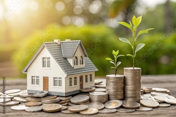 Fototapeta House model on money coins saving for concept building future wealth
