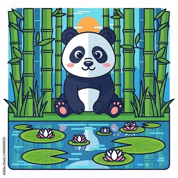 Fototapeta Panda Bamboo Forest Pond Sunset.
