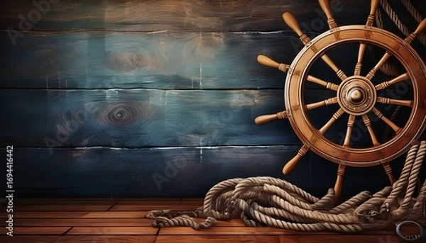 Fototapeta nautical theme textural antique background content slide wooden ship rustic wood planks captains wheel nets rope create a western or pirate theme concept wallpaper desktop