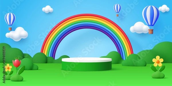 Fototapeta Kids 3d podium stage with rainbow and hot air balloons in summer garden with flowers and greenery. Playful cartoon vector landscape featuring vibrant arch over circular scene, fluffy clouds and blooms