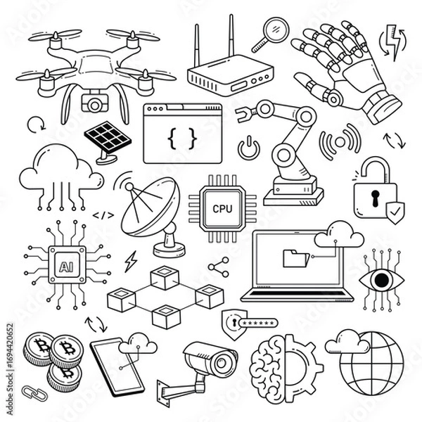 Fototapeta Hand Drawn Technology and Innovation Doodle Icon Set. Vector Illustrations of Robotics, AI, Blockchain, and Digital Concepts