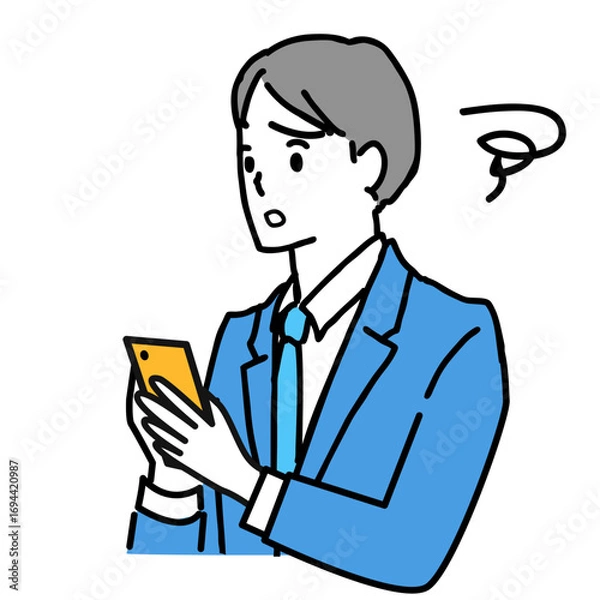 Obraz Illustration of a young man in a suit looking troubled while looking at his smartphone