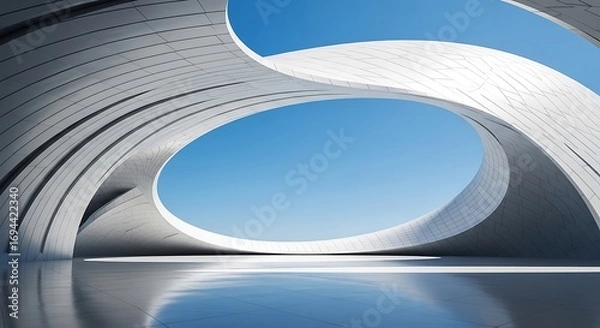 Fototapeta Futuristic architectural design with a large circular opening and reflection