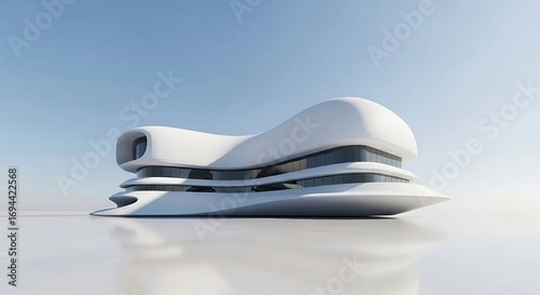 Fototapeta Futuristic white building with curved lines and glass windows