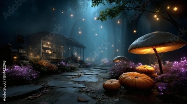 Fototapeta Surreal halloween forest floating pumpkins bioluminescent mushrooms glowing mist fantasy aesthetic magical environment 