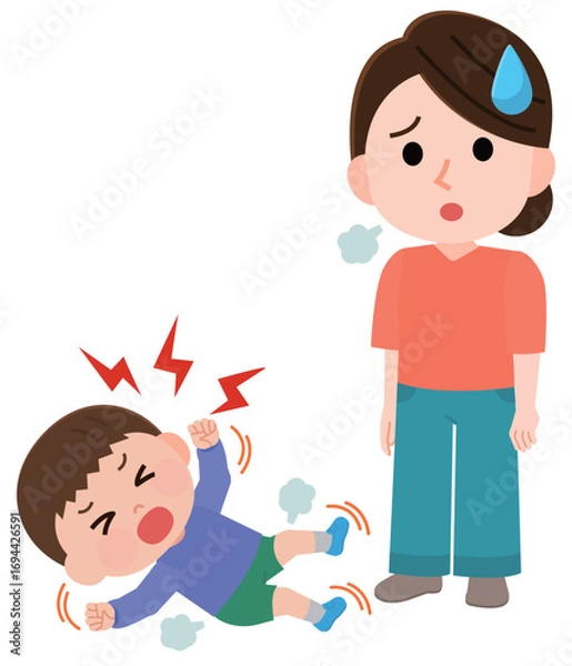 Obraz 癇癪を起こして床でジタバタする男の子と困る女性　イラスト