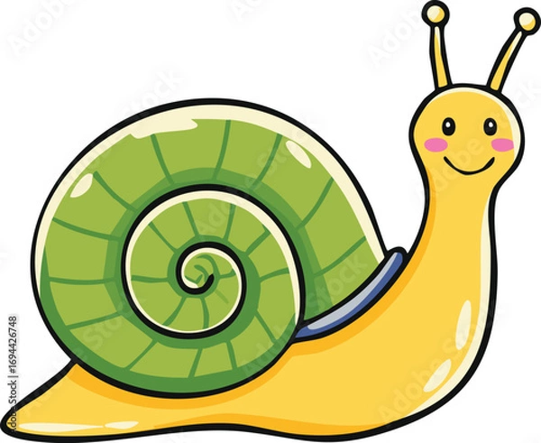 Fototapeta A cheerful cartoon snail with a green spiral shell, smiling.
