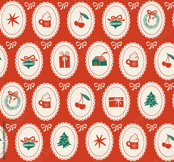 Fototapeta Christmas pattern. Seamless pattern with frames, Xmas tree, gift, stars, cherry elements
