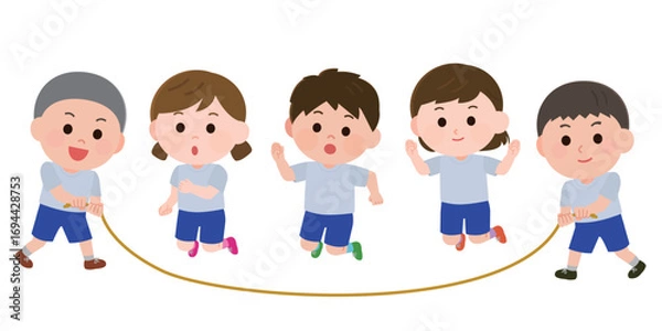 Obraz 大縄跳びを跳ぶ体操服の子供達　イラスト
