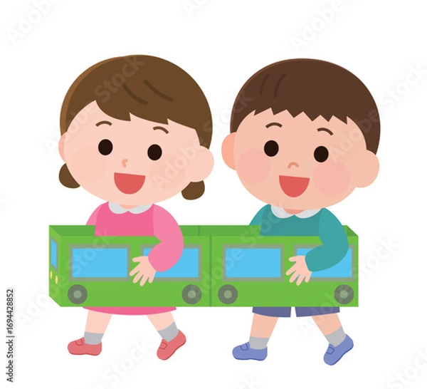 Obraz ダンボールの電車ごっこで遊ぶ男の子と女の子　イラスト