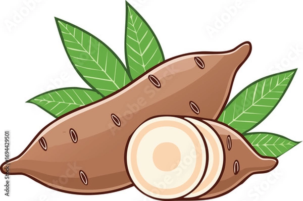 Fototapeta Two brown sweet potatoes, one whole and one sliced, with green leaves, displayed for a healthy food illustration.