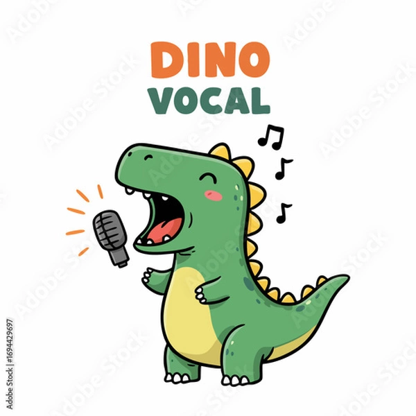 Fototapeta Cute Handdrawn Cartoon Dinosaur Singing Vocal with Microphone Illustration