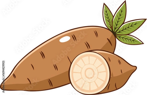 Fototapeta Illustration of cassava roots, one whole and one sliced to show the internal structure.