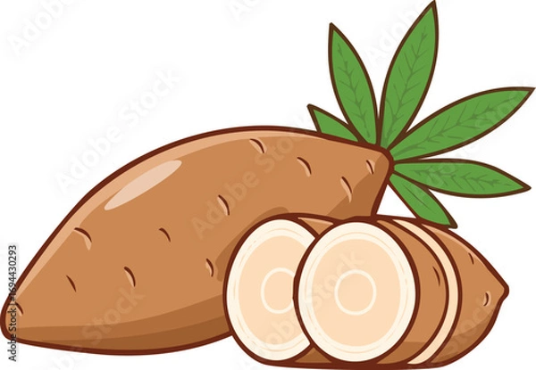 Fototapeta Illustration of a whole cassava root with green leaves and sliced cassava pieces, isolated on a white background.