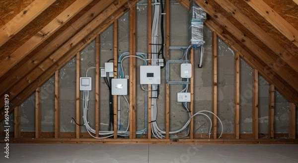 Obraz An organized modern smart home electrical and network wiring system, featuring multiple white control boxes, is meticulously installed within an unfinished attic space.