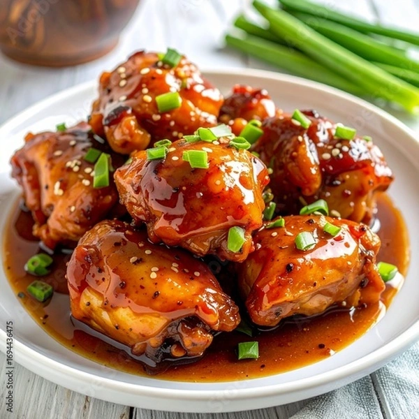 Fototapeta Plate of glazed chicken pieces