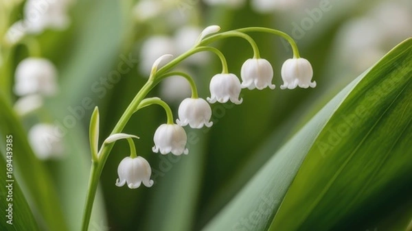 Fototapeta Delicate white lily of the valley flowers bloom on a green stalk with soft focus background