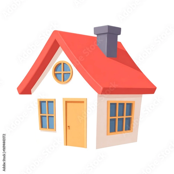 Obraz Charming cartoon house with red roof and chimney on black background