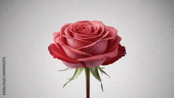 Fototapeta A single perfectly formed coral pink rose in full bloom against a soft gray background