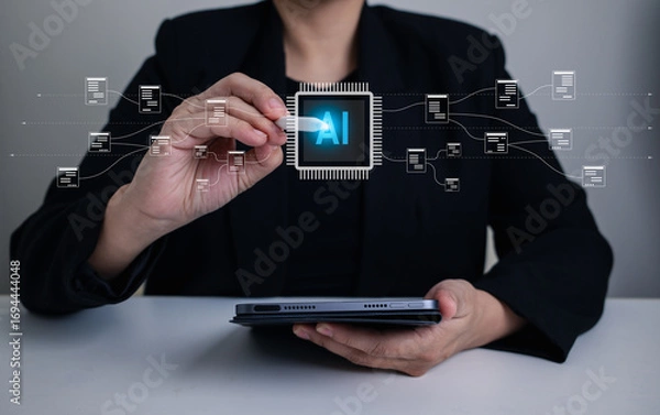 Fototapeta AI document processing concept as businesswoman uses stylus on tablet to manage automated data flow, symbolizing artificial intelligence, machine learning, and digital transformation in workflow.