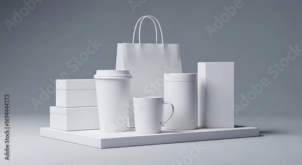 Fototapeta Minimalist 3D Render of a Blank White Corporate Identity and Packaging Mockup Set on a Clean Gray Background.