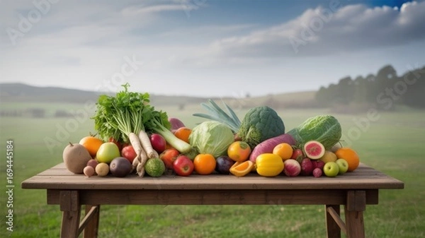 Fototapeta Abundant assortment of fresh organic fruits and vegetables displayed on a rustic wooden table outdoors