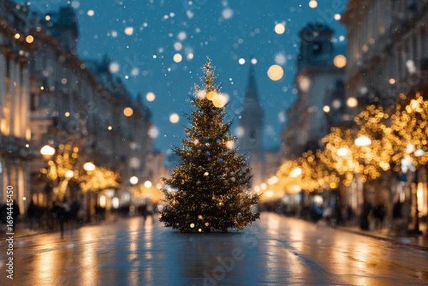 Fototapeta winter evening in city features beautifully decorated christmas tree adorned with virtual projections of gifts