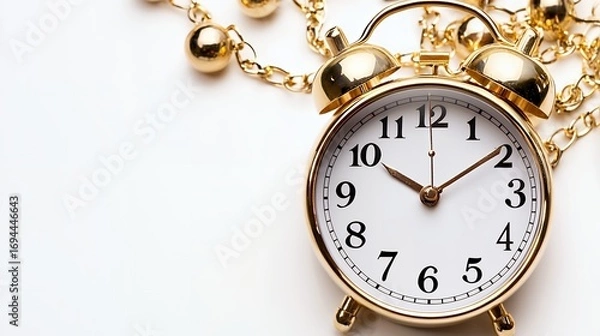 Fototapeta Gold Alarm Clock and Beaded Necklace on White Background