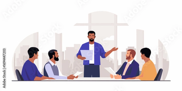 Fototapeta Diverse group of men in a modern office meeting discussing documents and collaborating on a project