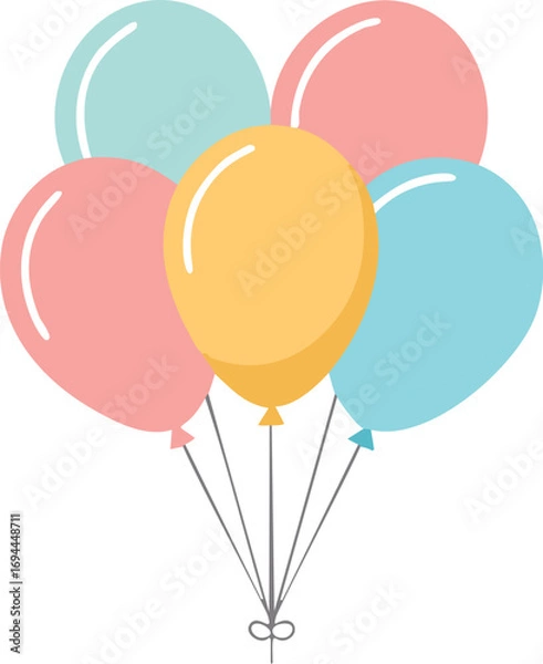 Fototapeta Pastel colored balloons floating with strings pink yellow