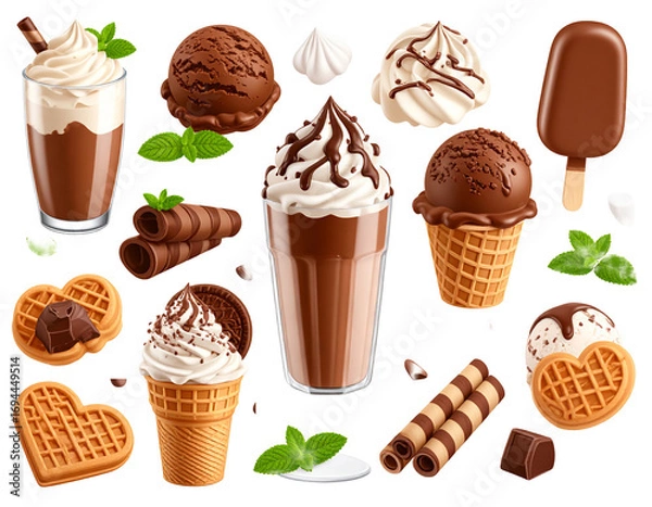 Fototapeta A Set of 3D Vector Ice Cream Dessert Items- Chocolate Sundae, Ice