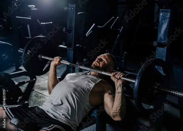 Obraz Muscular man having training with weights. Strong athletic man does workout. Concept bodybuilder doing exercises in gym.