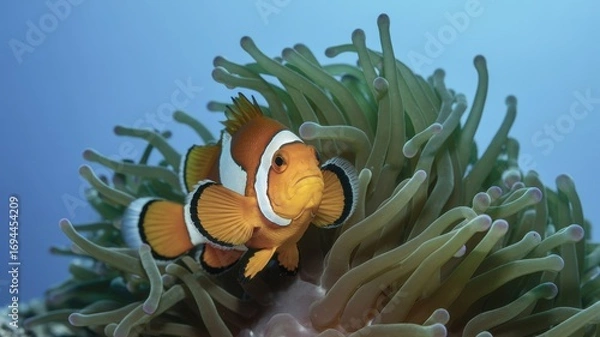 Fototapeta Vibrant clownfish nestles safely within the tentacles of a lush green sea anemone