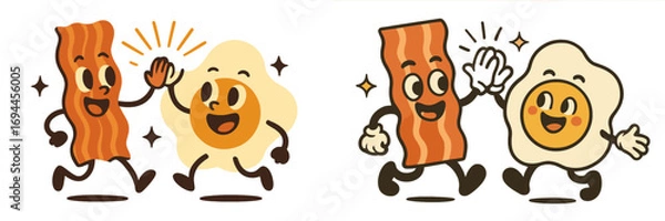 Fototapeta Retro cartoon characters of bacon and a fried egg giving a high five in a vintage mascot style on a white background