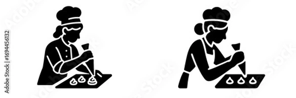 Fototapeta Pastry chef decorating dessert with a piping bag glyph icon set for confectionery and baking themes, black silhouette of a confectioner making sweets