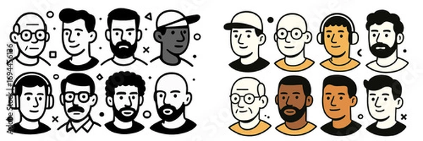 Fototapeta Diverse set of male portraits and avatars in a modern minimalist line art style for user profiles and icons