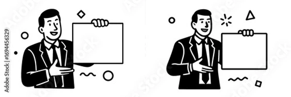 Fototapeta Retro cartoon businessman character holding a blank sign for presentation or advertisement, black and white graphic icon set