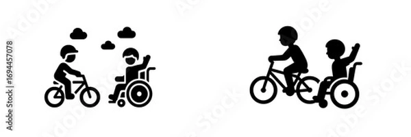 Fototapeta Inclusive friendship concept with a child on a bicycle and a disabled child in a wheelchair playing together outdoors as a silhouette icon set