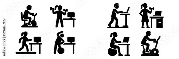 Fototapeta Set of black silhouette icons showing people exercising while working at a desk with a computer, including treadmill desk, stationary bike, and dumbbells
