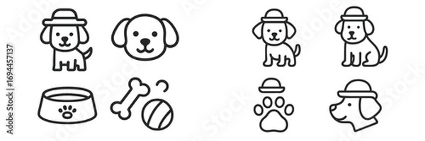 Fototapeta Set of cute dog and puppy line icons with pet accessories like a food bowl, bone, and ball isolated on a white background