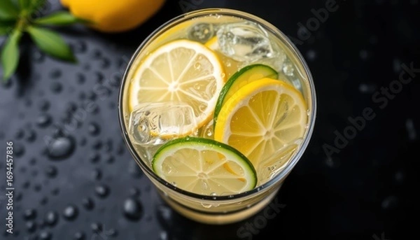 Fototapeta Refreshing Lemon and Lime Citrus Drink with Ice