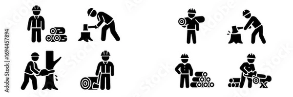 Fototapeta Lumberjack and logger glyph icons set showing woodcutter with axe and chainsaw cutting trees and logs for timber industry