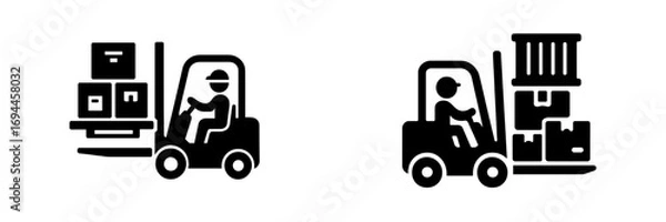 Fototapeta Forklift operator icon set for warehouse logistics and cargo handling, featuring a driver moving boxes and pallets on a lift truck