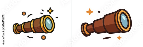 Fototapeta Vintage pirate spyglass icon set for navigation and discovery, a cartoon telescope for exploration and adventure on a white background