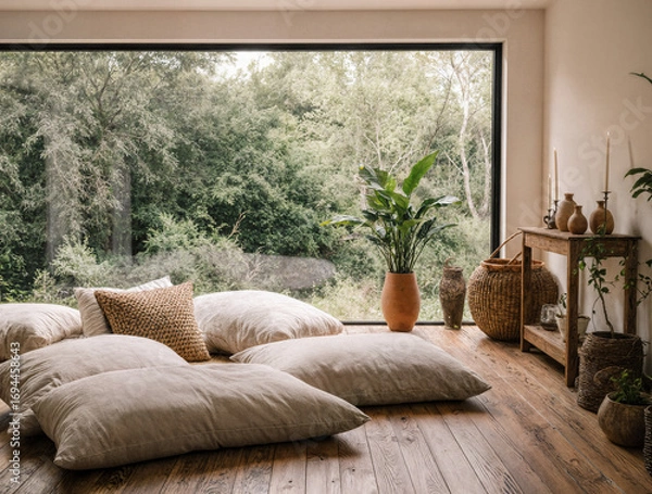 Fototapeta Natural bohemian lounge room with floor cushions, wooden textures, greenery, and panoramic window view