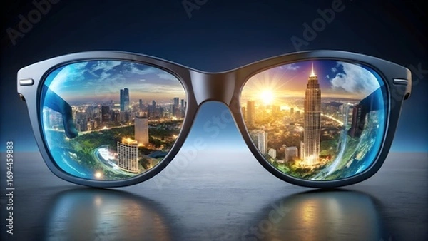 Obraz Closeup of eyeglasses reflecting a vibrant cityscape at sunset, symbolizing vision, perspective, and the urban environment