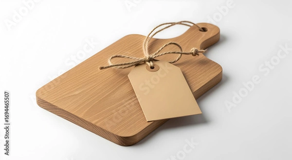 Fototapeta Wooden cutting board with a blank tag tied with string for kitchen and food prep work