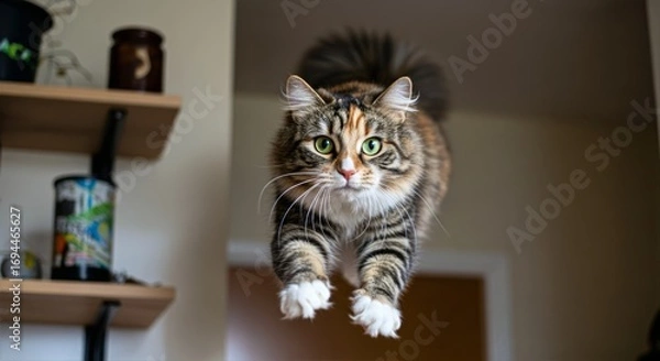 Obraz Cat jumping from shelf with paws outstretched, mid-air leap capturing agility, focus, and playful energy against a cozy indoor backdrop
