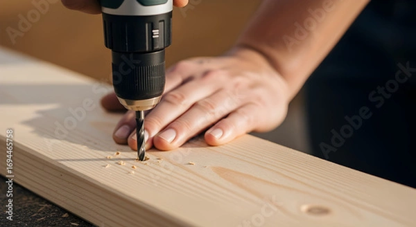 Fototapeta Using power drill to make holes in wooden plank for woodworking project at home workshop